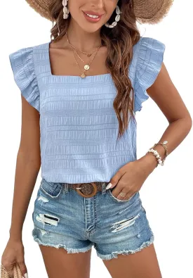 Womens Summer Tops Square Neck Ruffle Short Sleeve Textured Blouses Dressy Casual Shirts