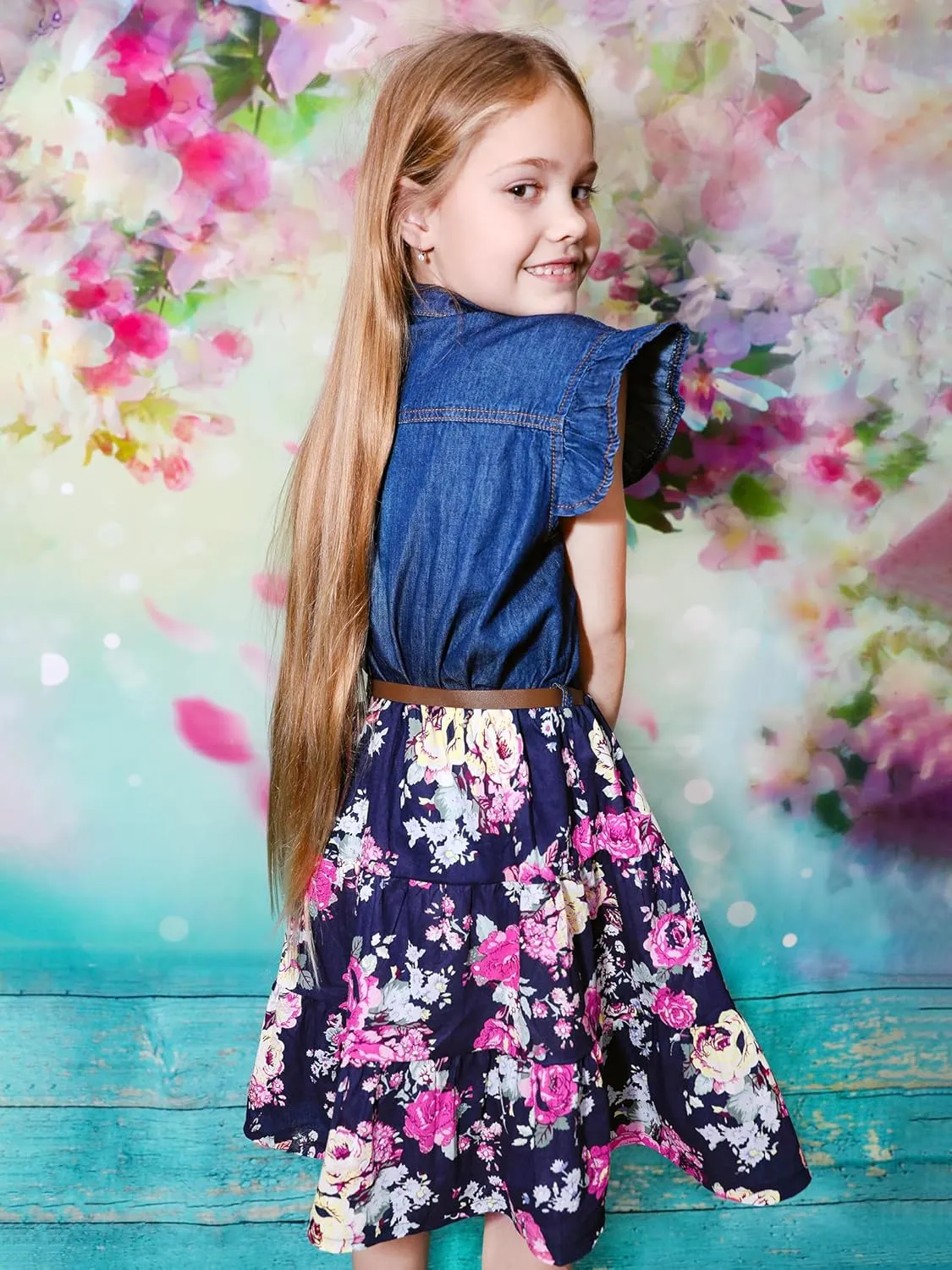 YJ.GWL Western Dress Girls, Denim Tops Flower Girl Dress, Princess Dresses for Girls, Party Dresses for Girls 3-14 Years