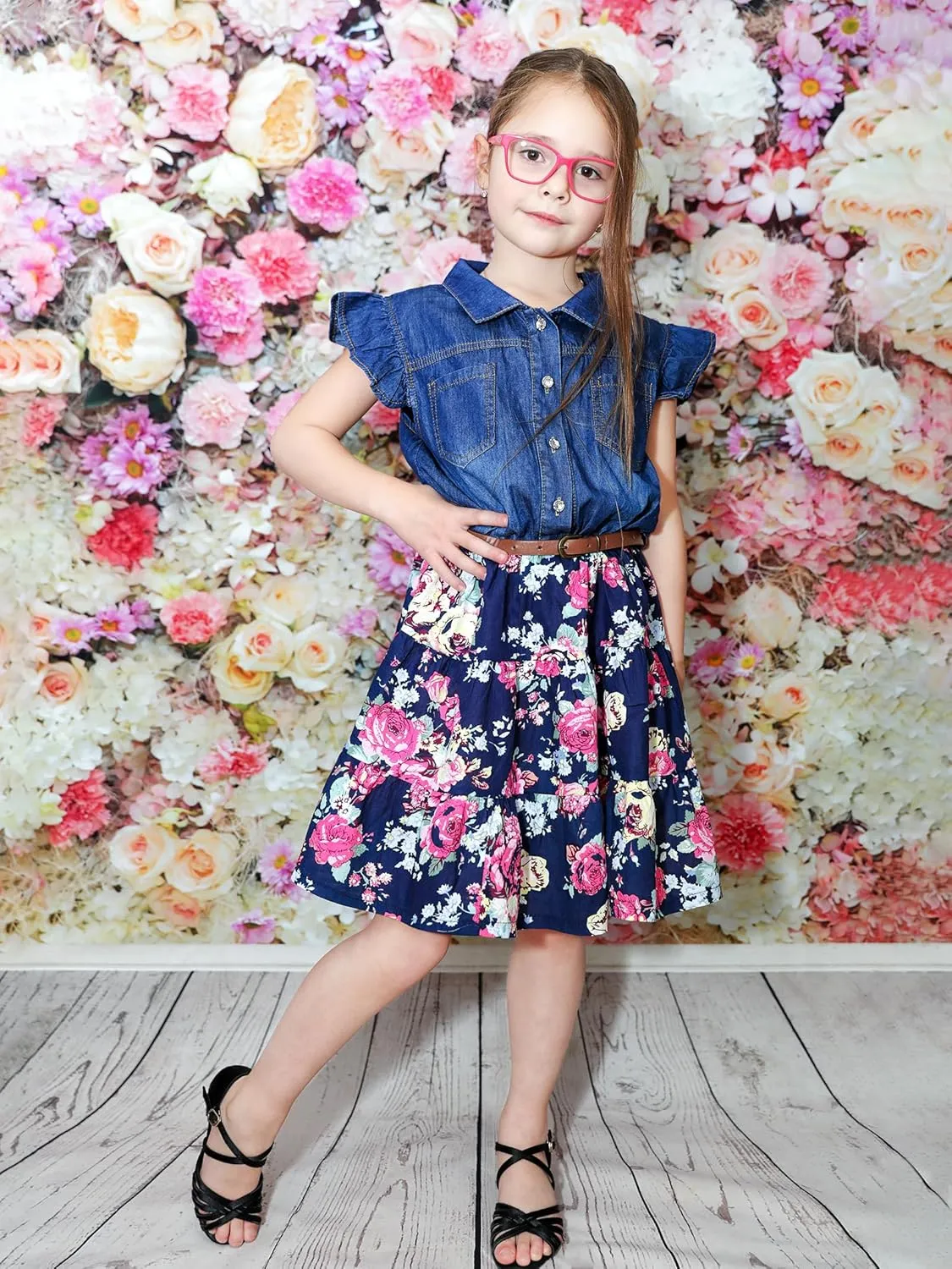 YJ.GWL Western Dress Girls, Denim Tops Flower Girl Dress, Princess Dresses for Girls, Party Dresses for Girls 3-14 Years
