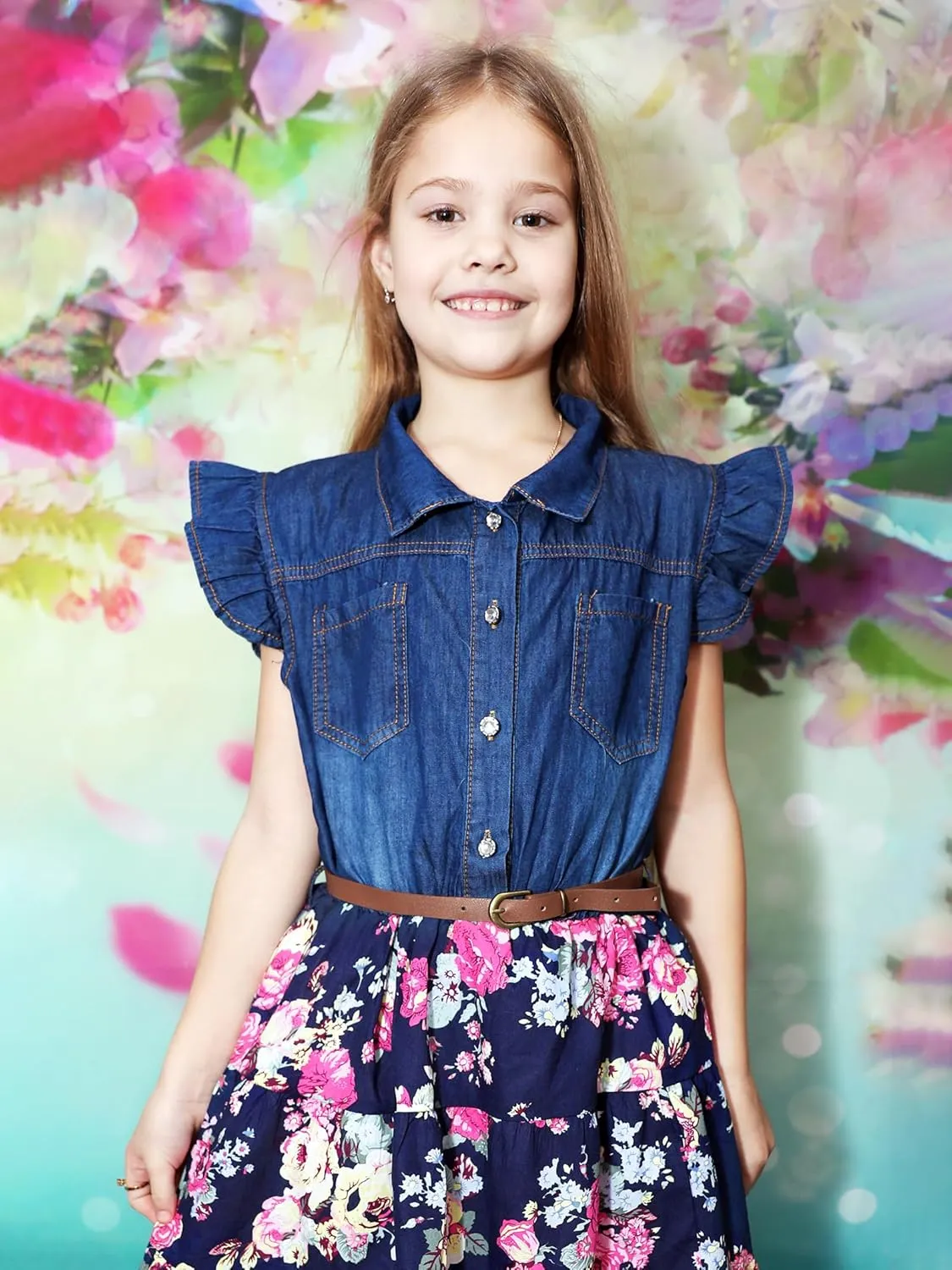 YJ.GWL Western Dress Girls, Denim Tops Flower Girl Dress, Princess Dresses for Girls, Party Dresses for Girls 3-14 Years