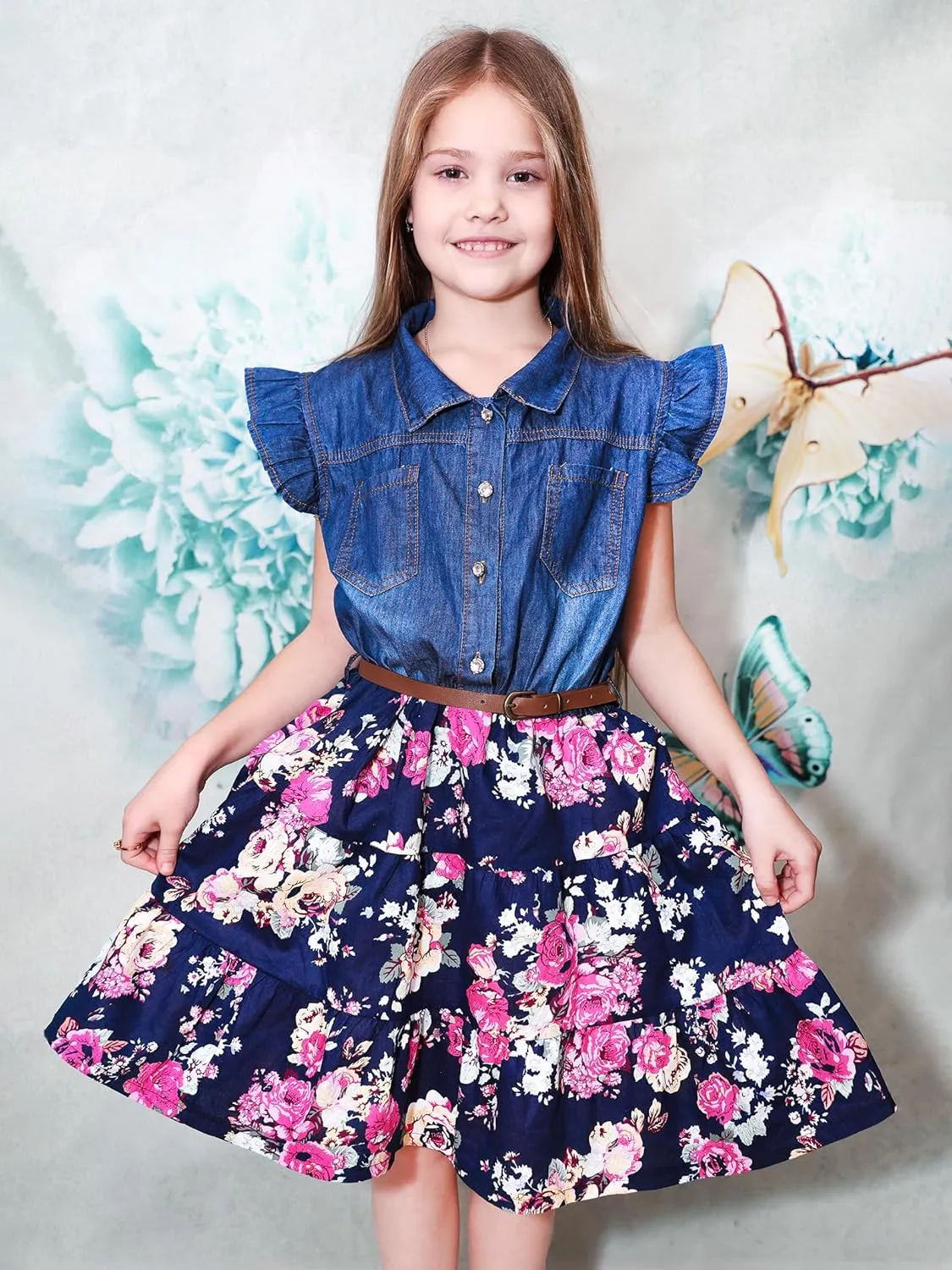 YJ.GWL Western Dress Girls, Denim Tops Flower Girl Dress, Princess Dresses for Girls, Party Dresses for Girls 3-14 Years