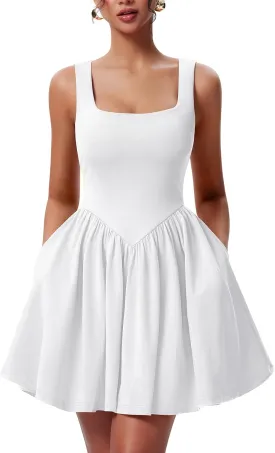 YMDUCH Women's Summer Sleeveless Square Neck A-line Ruffle Hem Mini Tank Dress with Pockets