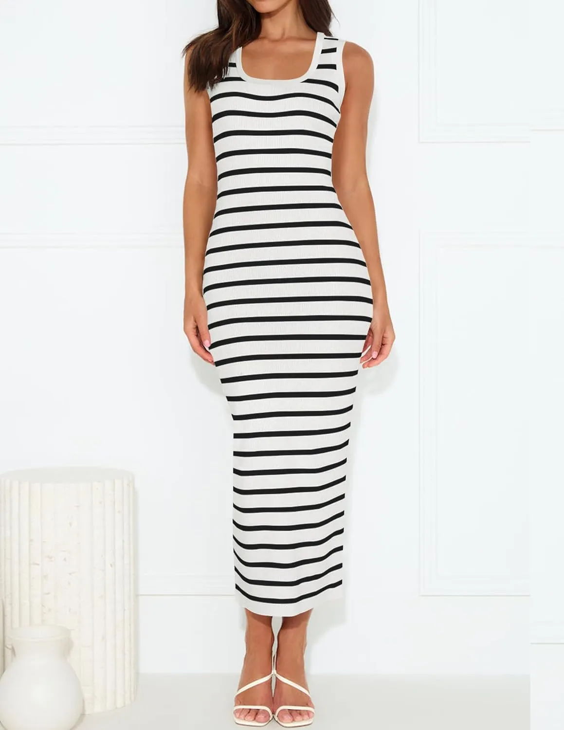ZESICA Women's Summer Square Neck Bodycon Midi Dresses 2025 Casual Sleeveless Ribbed Knit Striped Beach Vacation Long Dress