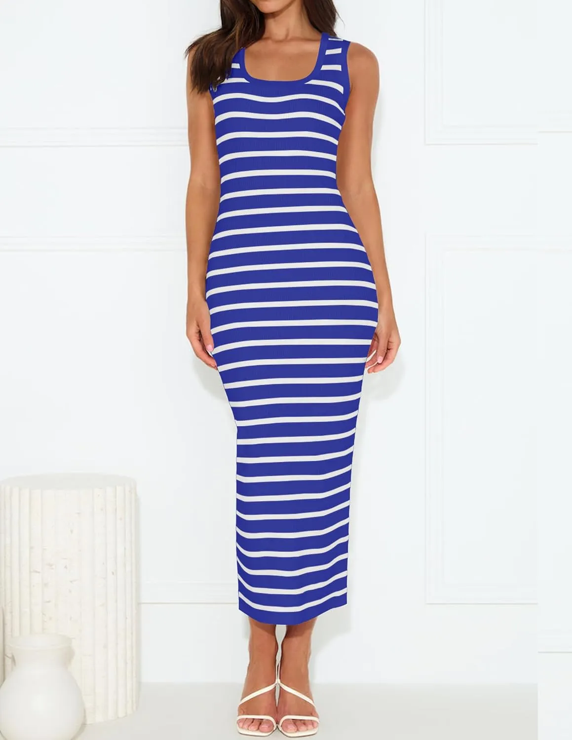 ZESICA Women's Summer Square Neck Bodycon Midi Dresses 2025 Casual Sleeveless Ribbed Knit Striped Beach Vacation Long Dress