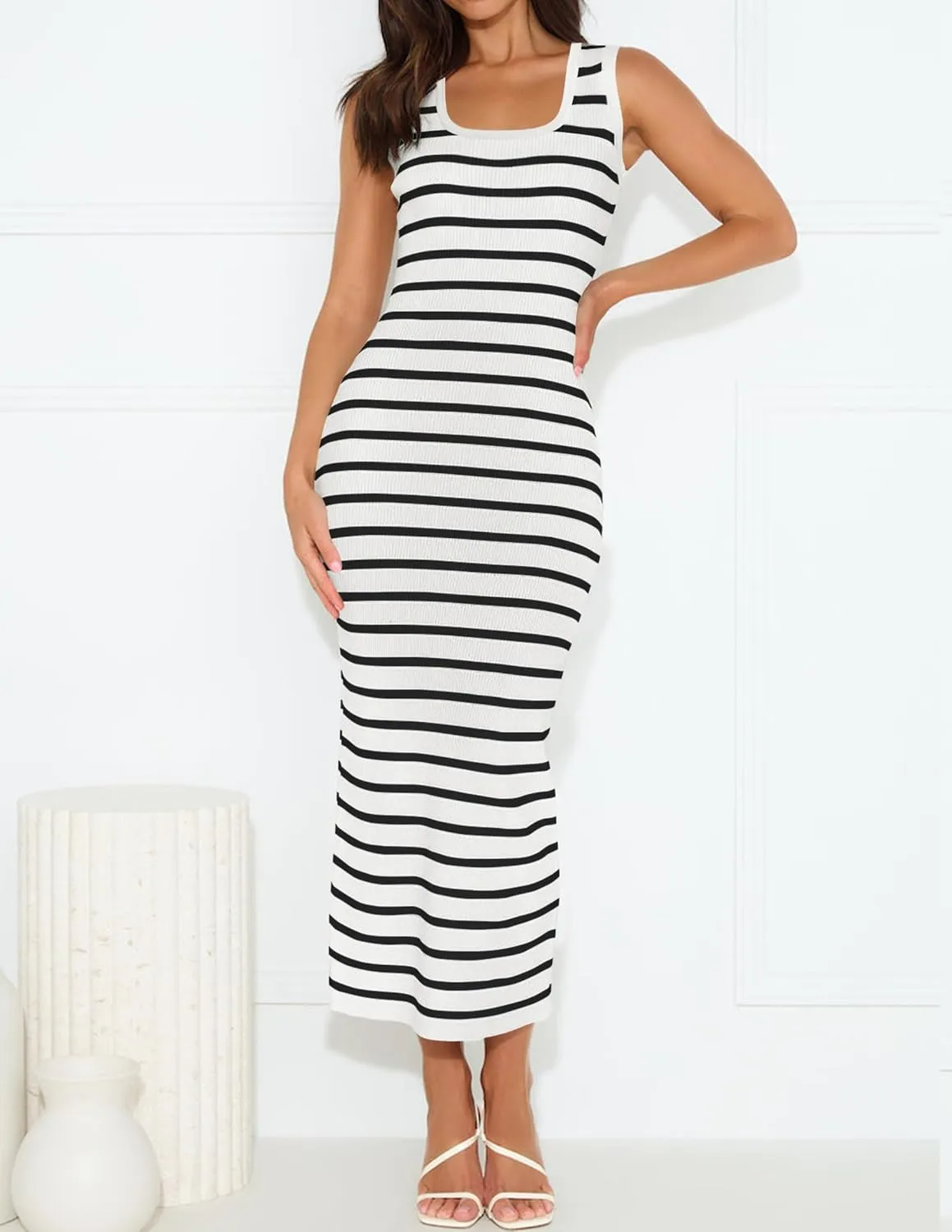 ZESICA Women's Summer Square Neck Bodycon Midi Dresses 2025 Casual Sleeveless Ribbed Knit Striped Beach Vacation Long Dress