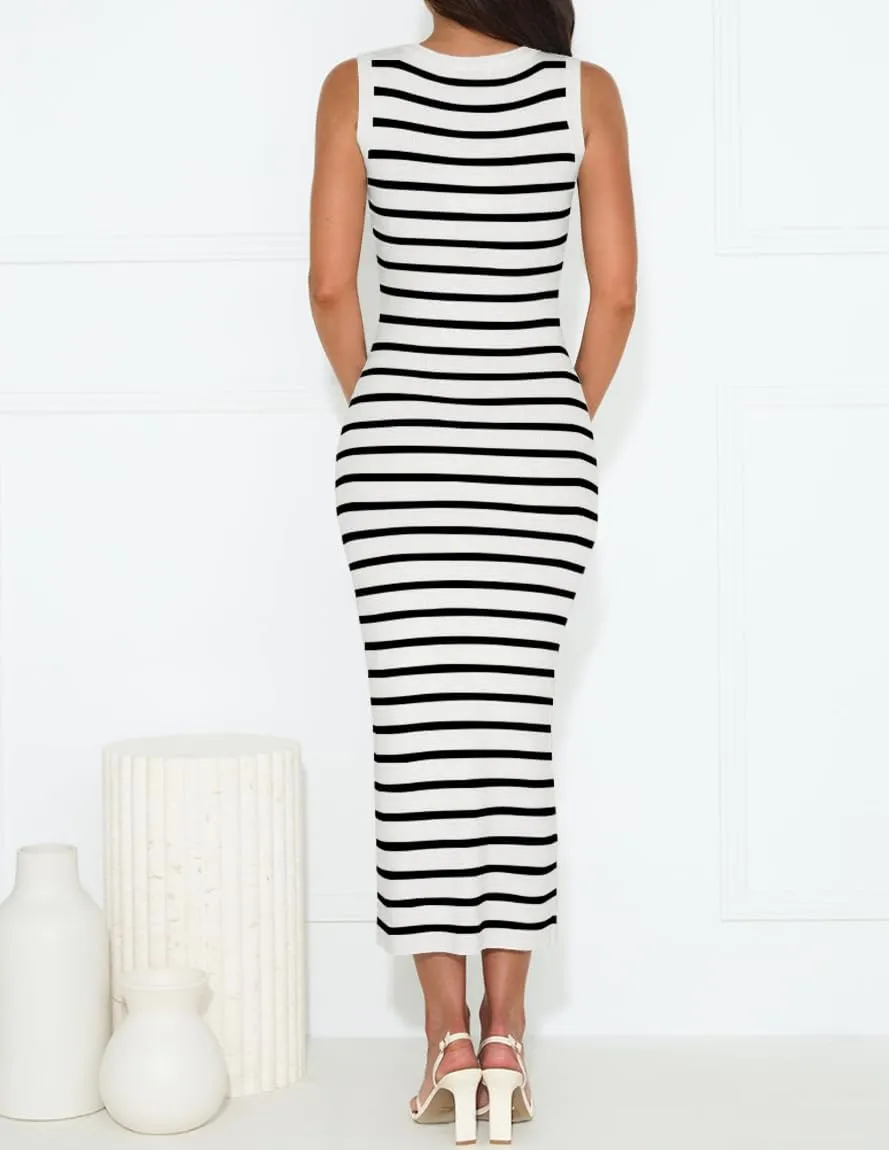 ZESICA Women's Summer Square Neck Bodycon Midi Dresses 2025 Casual Sleeveless Ribbed Knit Striped Beach Vacation Long Dress