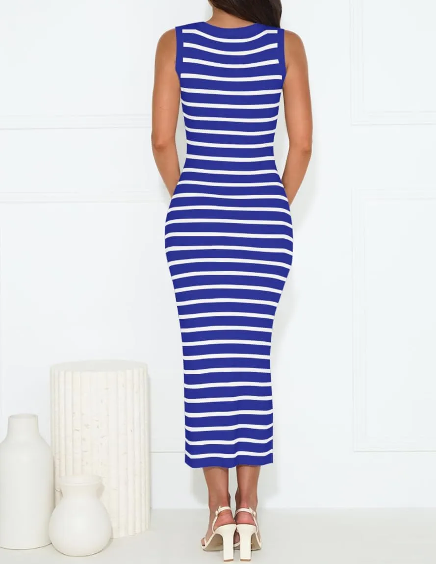 ZESICA Women's Summer Square Neck Bodycon Midi Dresses 2025 Casual Sleeveless Ribbed Knit Striped Beach Vacation Long Dress