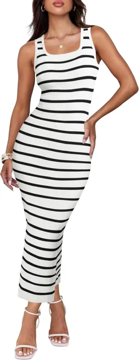 ZESICA Women's Summer Square Neck Bodycon Midi Dresses 2025 Casual Sleeveless Ribbed Knit Striped Beach Vacation Long Dress