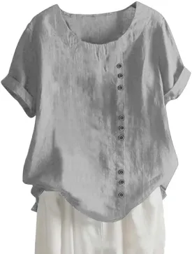 ZOCAVIA Women's Cotton Linen Shirts Summer Casual Boho Floral Short Sleeve Buttons Blouse Oversized Loose Ladies Tunic Tops